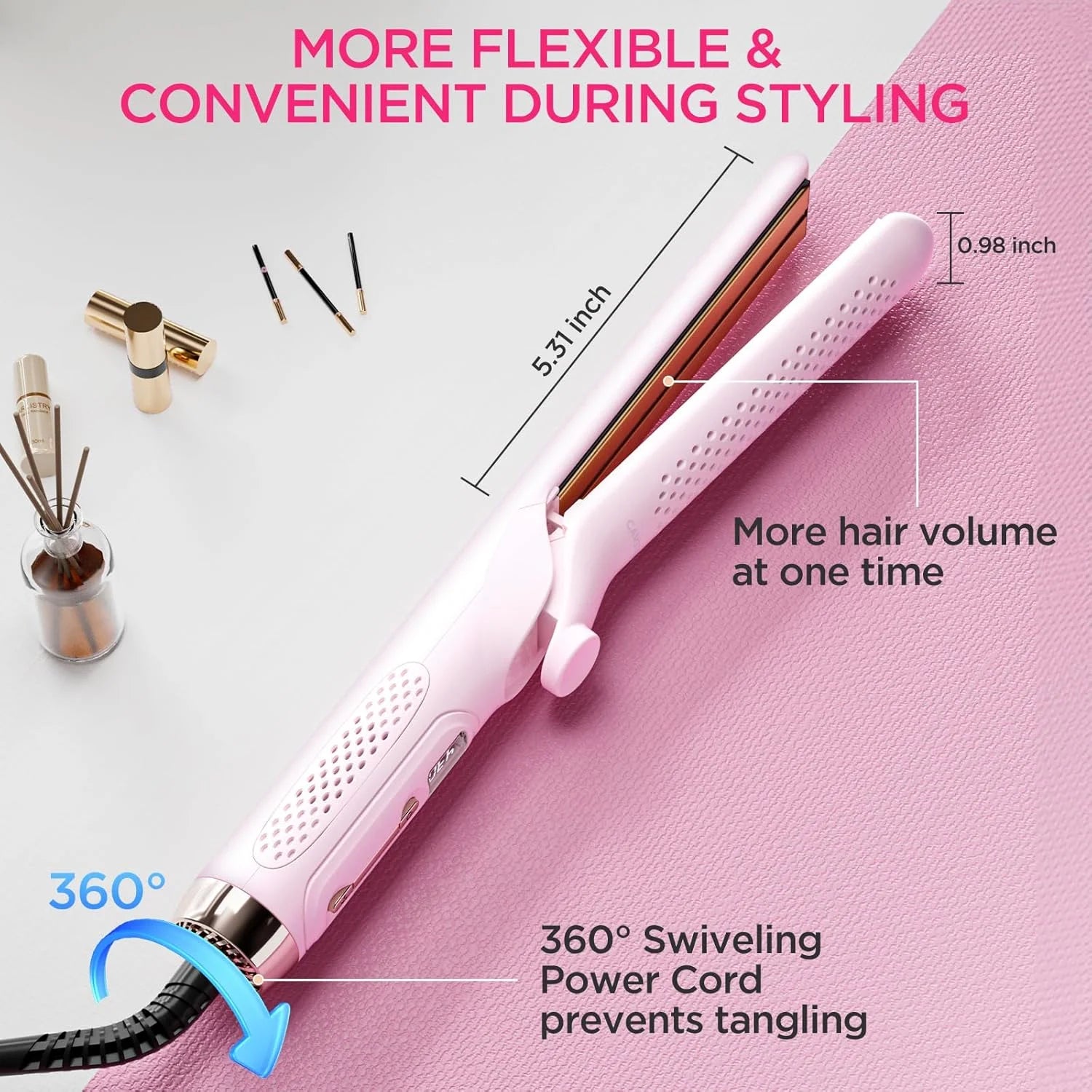 2-In-1 Curling Iron & Hair Straightener, 1 Inch Ceramic Curling Wand with 360° Airflow Styler - Pink