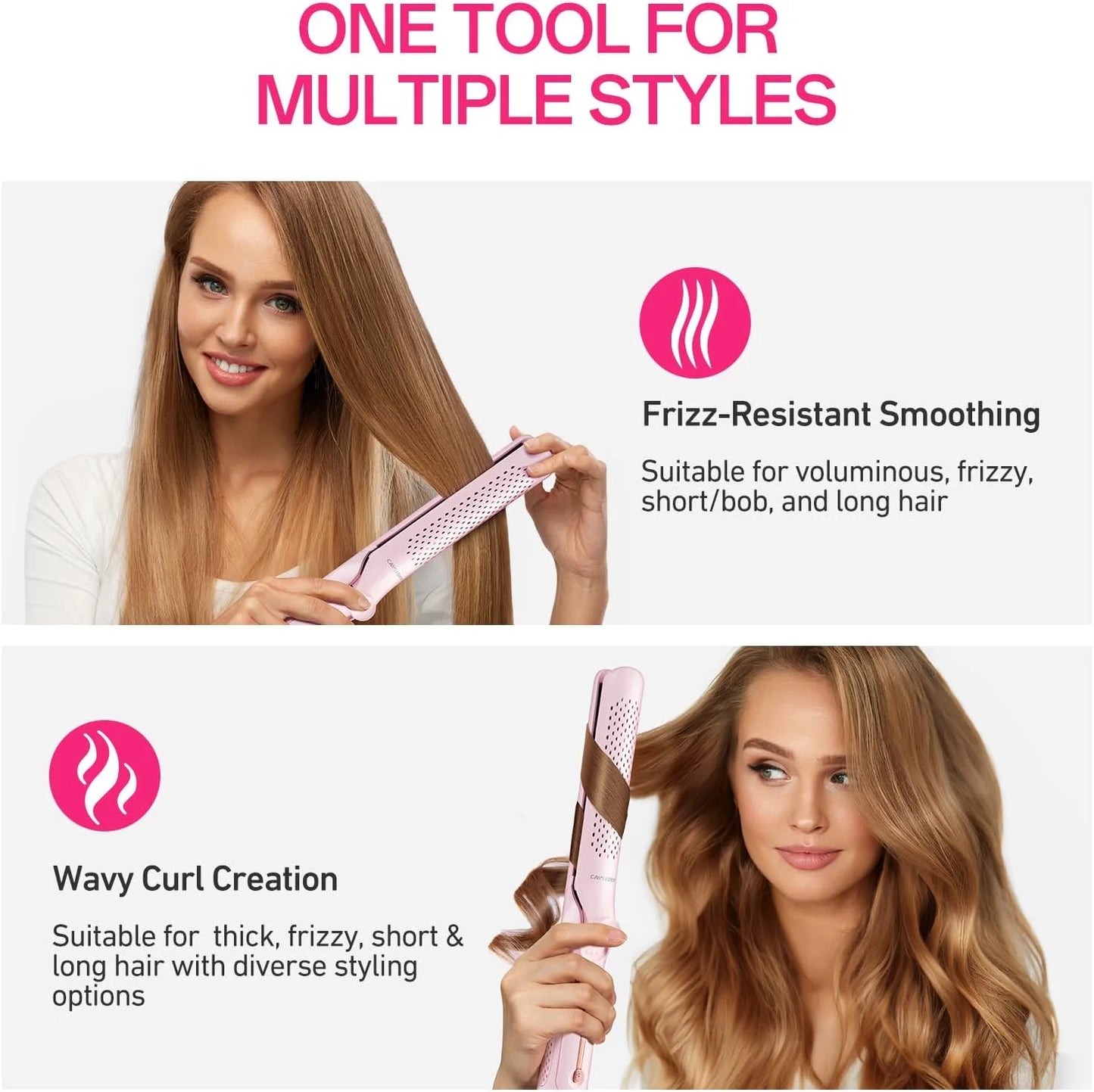 2-In-1 Curling Iron & Hair Straightener, 1 Inch Ceramic Curling Wand with 360° Airflow Styler - Pink